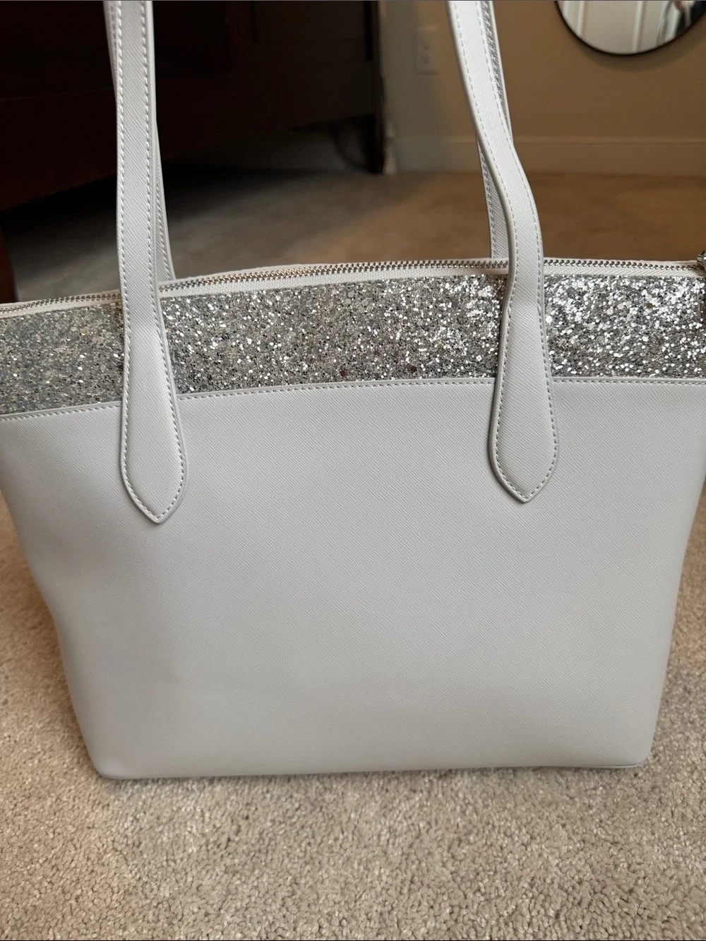 NWOT kate spade White Tote with Silver Glitter Trim